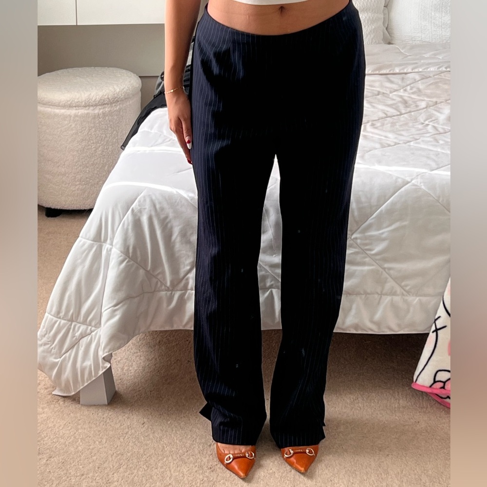 Navy pinstripe trousers